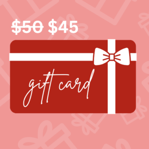 Red and white gift card illustration showing the amount of fifty crossed out and 45 dollars not crossed out