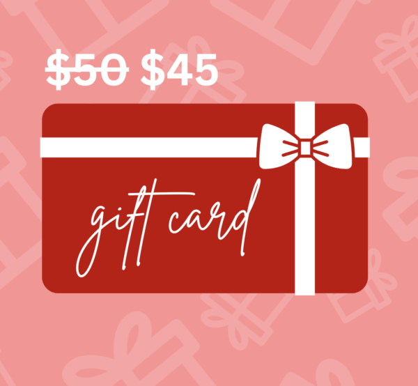 Red and white gift card illustration showing the amount of fifty crossed out and 45 dollars not crossed out