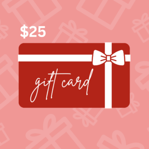 a red gift card with a design of a white bow, with the words gift card and $25 on it