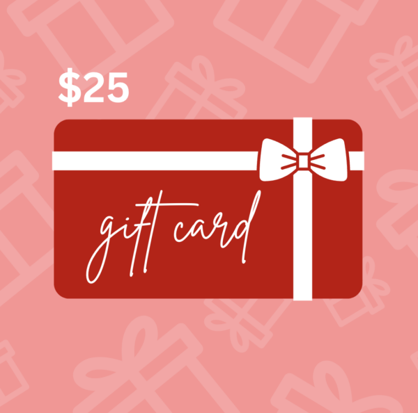 a red gift card with a design of a white bow, with the words gift card and $25 on it