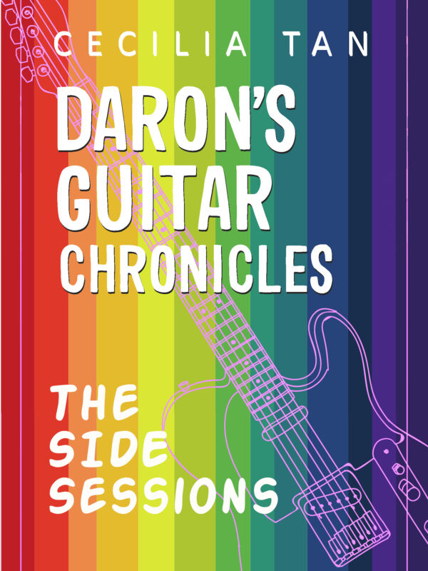 A rainbow striped ook cover with an overlay of a lavender guitar outline with the title Daron's Guitar Chronicles, The Side Sessions, by Cecilia Tan