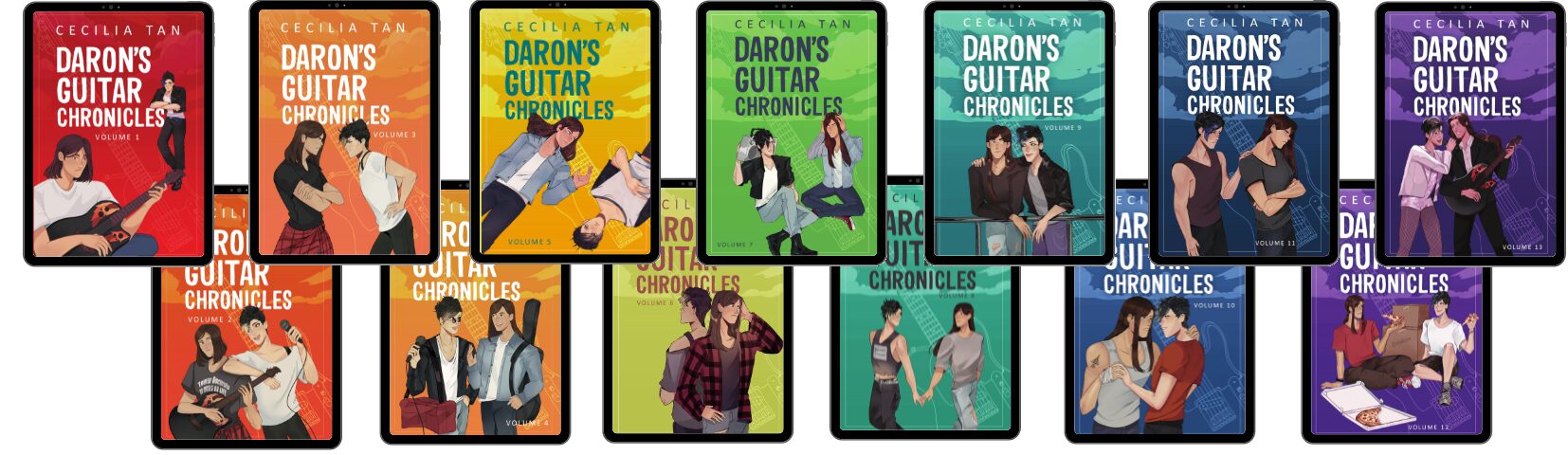 All 13 books in a rainbow