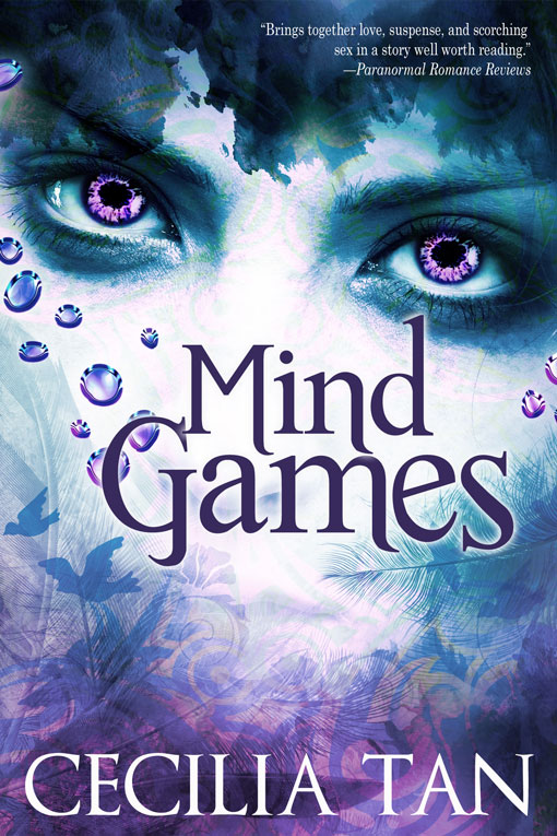 book cover for Mind Games showing a blue and purple illustration of an ethereal looking pair of feminine eyes staring out