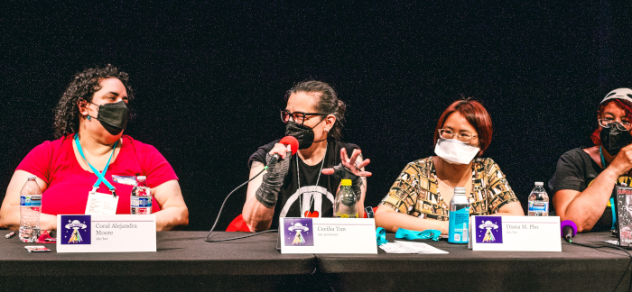 four panelists speaking about erotica and horror