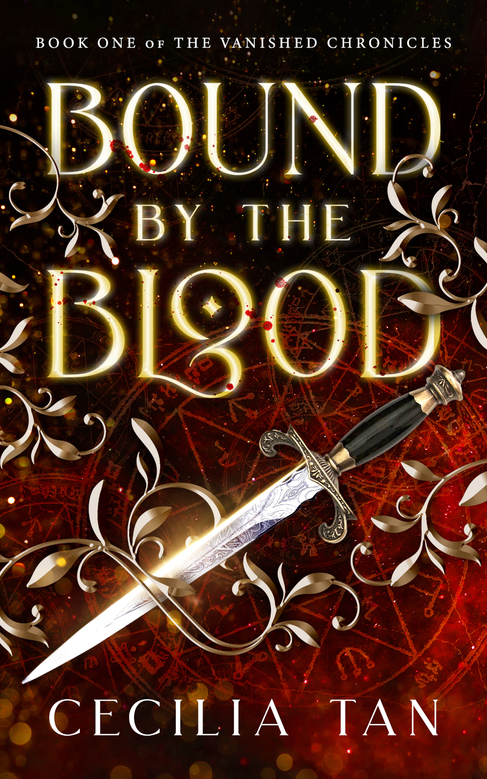 Book cover design for Bound by the Blood by Cecilia Tan showing a dagger cradled by botanical filigree