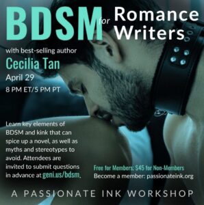 Promo graphic for BDSM for Romance Writers showing a sexy bearded man in a collar and some fine print