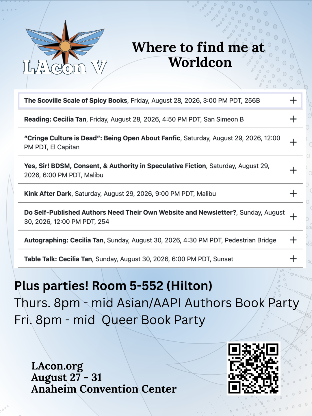 A graphic with the same info as the text of the post but with LA Con logo theming